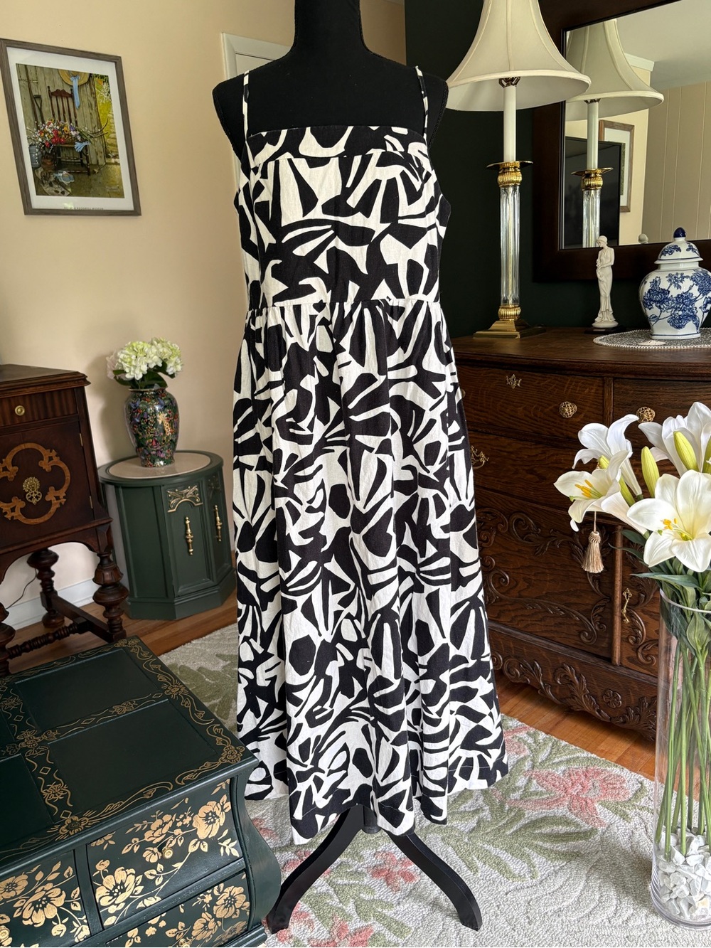 Rachel Zoe Linen Blend Abstract Black and White Dress XL